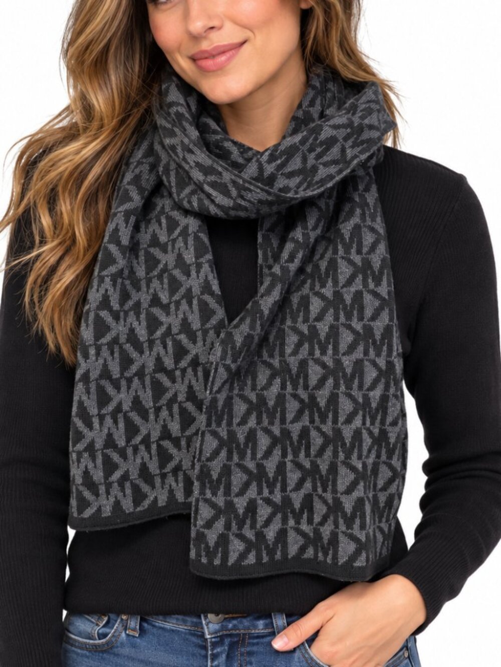 MICHAEL MICHAEL KORS Signature MK Monogram Reversible Knit Scarf Black Grey OS